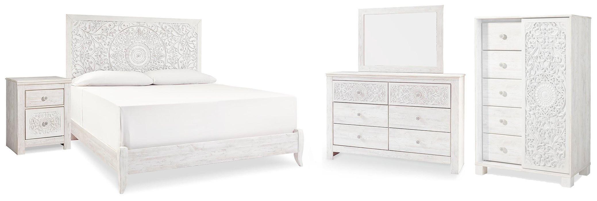 Paxberry Whitewash Paxberry King Panel Bed with Mirrored Dresser, Chest and Nightstand