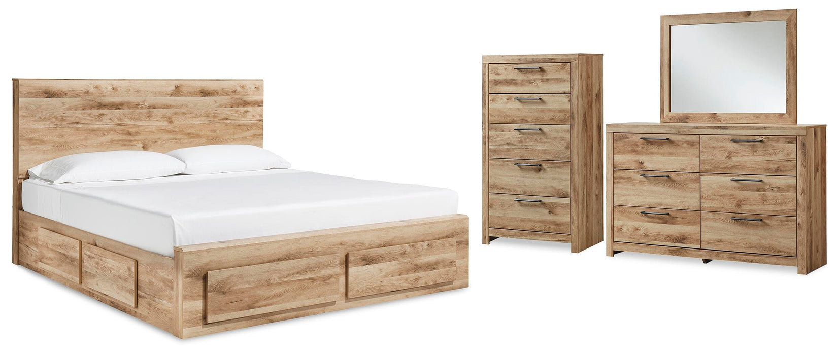 Hyanna Tan Brown Hyanna Queen Panel Storage Bed with 1 Under Bed Storage Drawer, Dresser, Mirror and Chest - Brand New