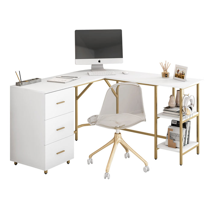 Techni Mobili L Shaped Desk - Two-Toned Computer Desk with Drawers & Storage Shelves - Simple Modern Furniture & Home Office Space Corner Table for Work & Writing - new