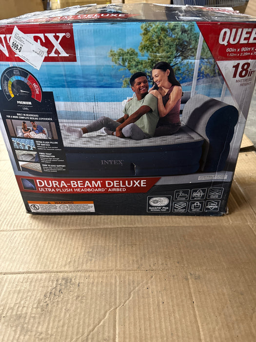 Intex Queen Headboard Dura-Beam Deluxe Raised Air Bed Mattress with Built-in Pump - 18" Mattress Height - use_like_new