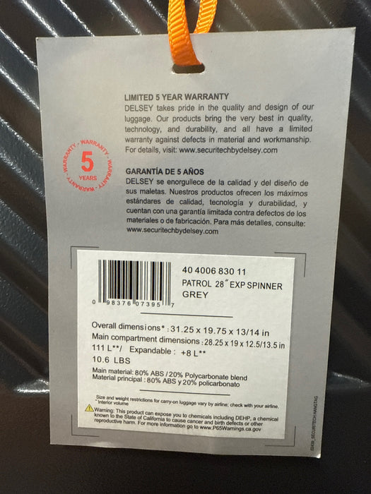 Securitech by Delsey, Patrol 28" Checked Hardside Spinner Luggage Charcoal - new