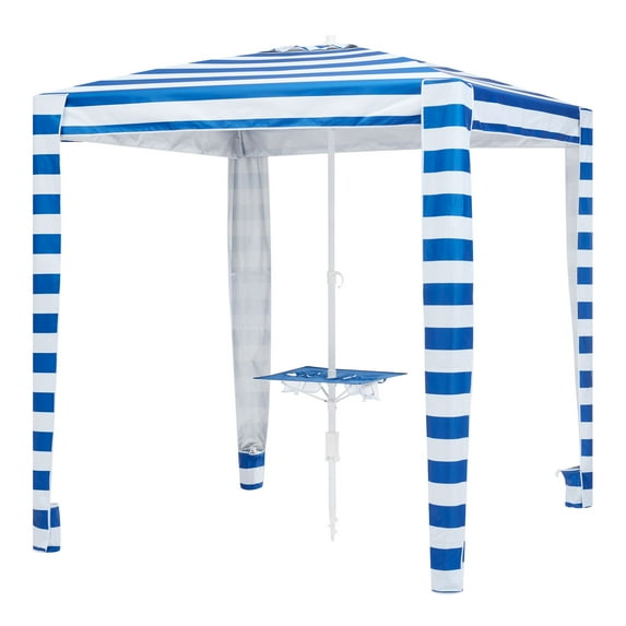 Mainstays 6 ft Blue and White Stripe Beach Umbrella, Sun Protection - open_box