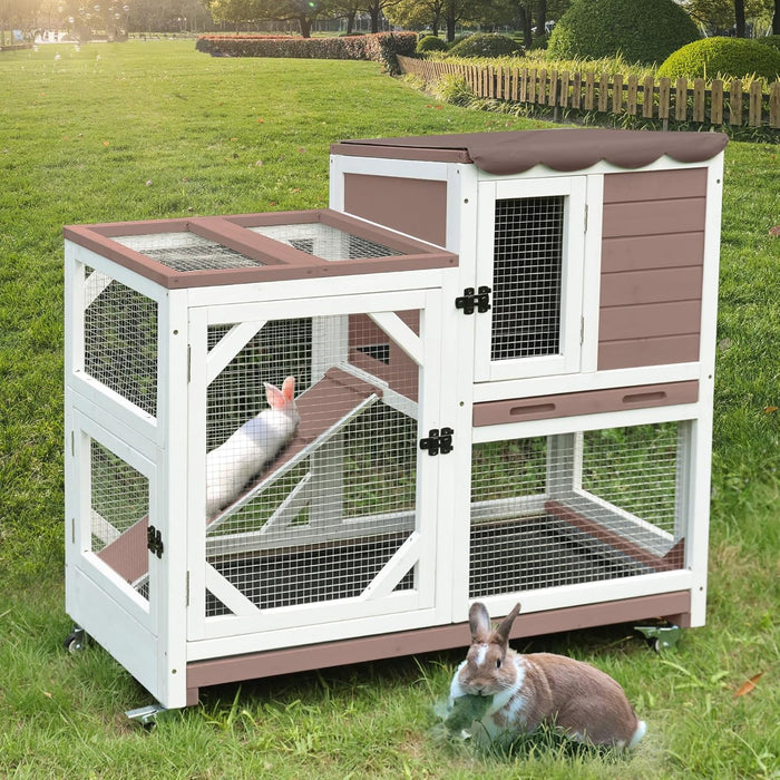 Aivituvin Rabbit Cage Indoor Outdoor Bunny Hutch on Wheels, 2 Story Wood Guinea Pig Cages with 2 Deeper Pull Out Trays - new