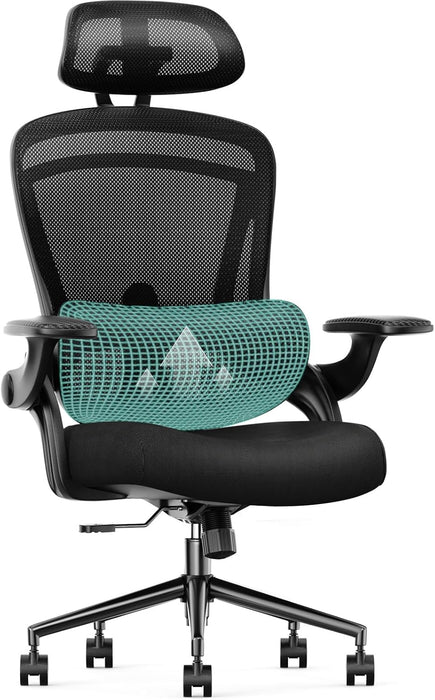 Sweetcrispy Ergonomic Mesh Office Chair, High Back with 2D Headrest, Up&Down Lumbar Support, Swivel Computer Task Desk Chairs with Adjustable Flip-up Armrests, Black - new