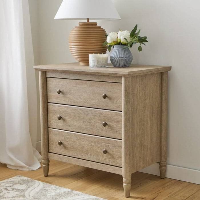 My Texas House Monroe 3 Drawer Nightstand with USB, Brushed Oak Finish - Side Is Cracked but Sturdy - new