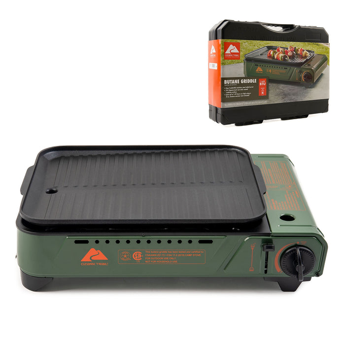 Ozark Trail Outdoor Butane Griddle, 7650 BTU, 15"x12" Cast Aluminum Griddle Fits 4 Burgers, CSA Approved, Green Color - new