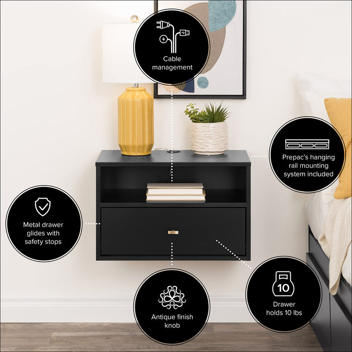 1 Piece Prepack Floating Shelf Side Table with Drawer and Brushed Brass Knobs, Modern Floating Nightstand 15" D x 22.5" W x 14.5" H, Black, BRBW-1402-2M - open_box