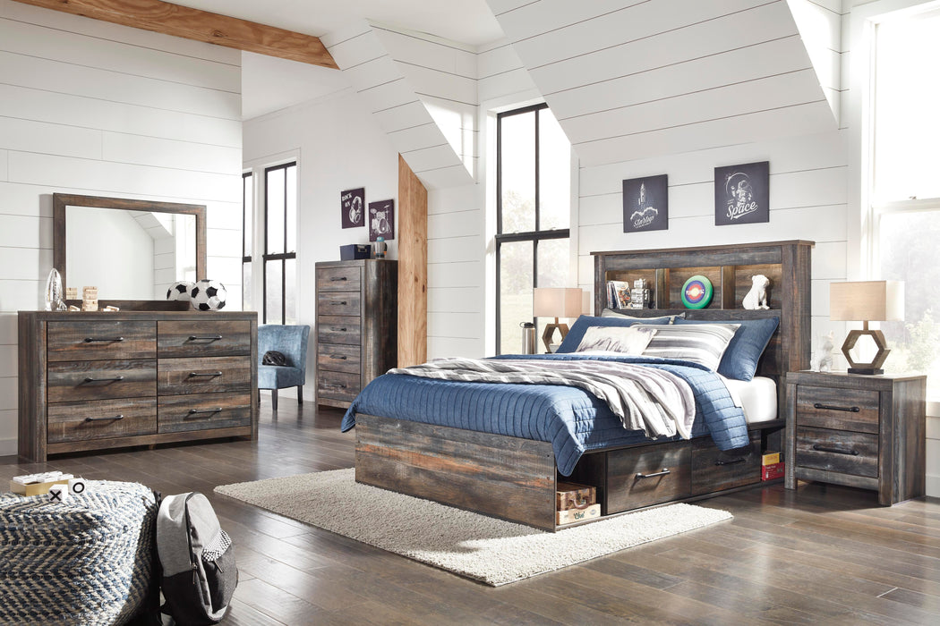 Drystan Multi Drystan Full Bookcase Bed with 2 Storage Drawers with Mirrored Dresser and Chest