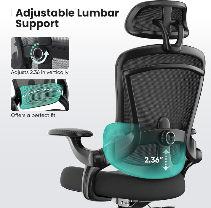 Sweetcrispy Ergonomic Mesh Office Chair, High Back with 2D Headrest, Up&Down Lumbar Support, Swivel Computer Task Desk Chairs with Adjustable Flip-up Armrests, Black - new