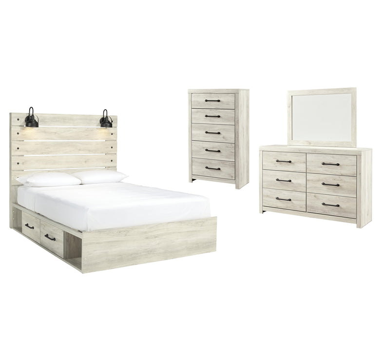 Cambeck Whitewash Cambeck Queen Panel Bed with 2 Storage Drawers with Mirrored Dresser and Chest