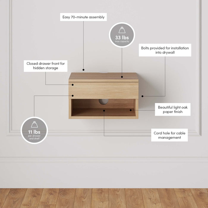 Nathan James Jackson Wall Mounted Floating Bedroom Nightstand with Storage Drawer and Modern Open Shelf Cubby , Light Oak Wood
1 Piece - new