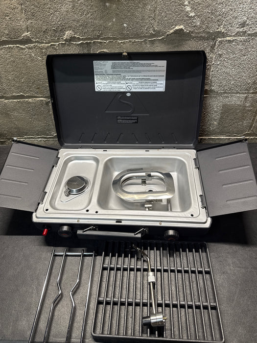 Ozark Trail 2 Burner Black Propane 2-in-1 Portable Camp Stove and Grill, Model GCT2220WB, New - new