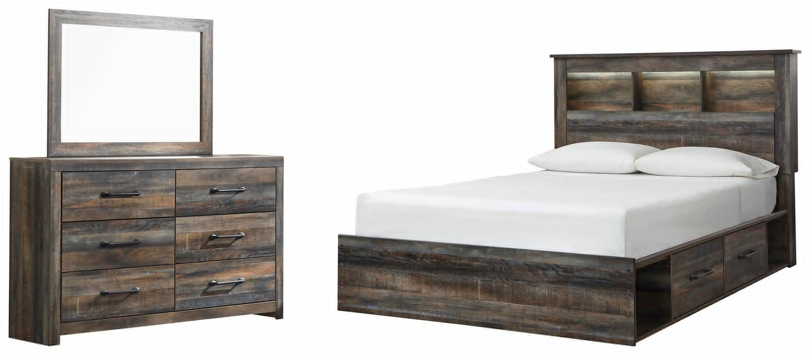 Drystan Multi Drystan Queen Bookcase Bed with 4 Storage Drawers with Mirrored Dresser