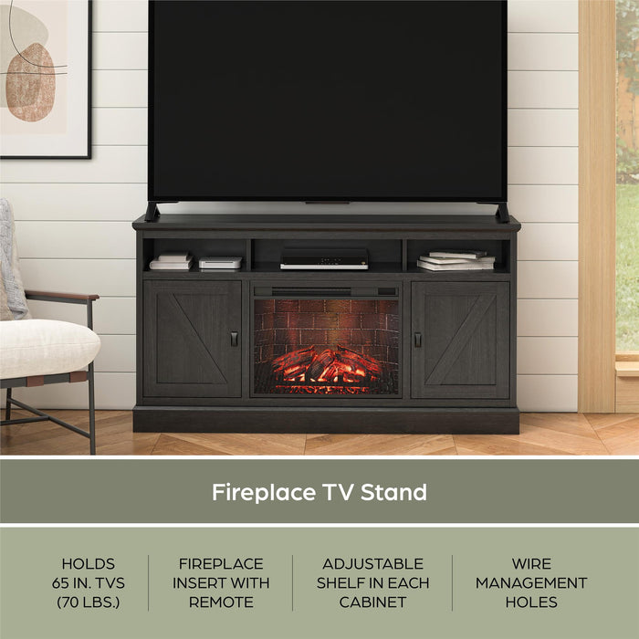 Ameriwood Home Ashton Lane Electric Fireplace TV Stand for TVs up to 65, Black Oak - open_box