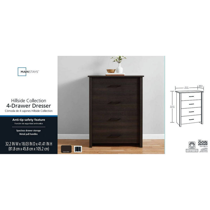 Mainstays Hillside 4-Drawer Dresser, Espresso Finish - new