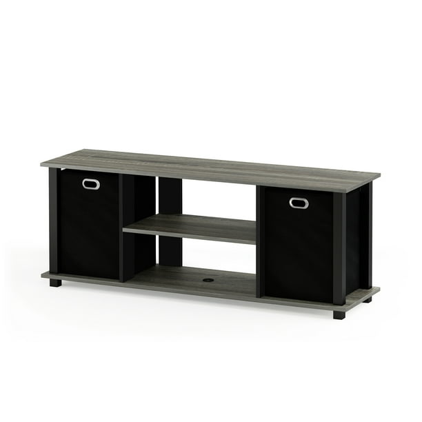 Furinno 13054 Econ Entertainment Center w/Storage Bins, French Oak Grey/Black/Black - open_box