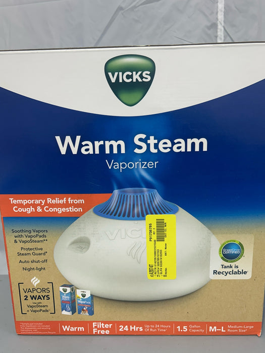 Vicks Warm Steam Vaporizer Humidifier with Night Light, 1.5 Gal, 600 Sq. Ft, White, V150SGNLUPCV2 - new