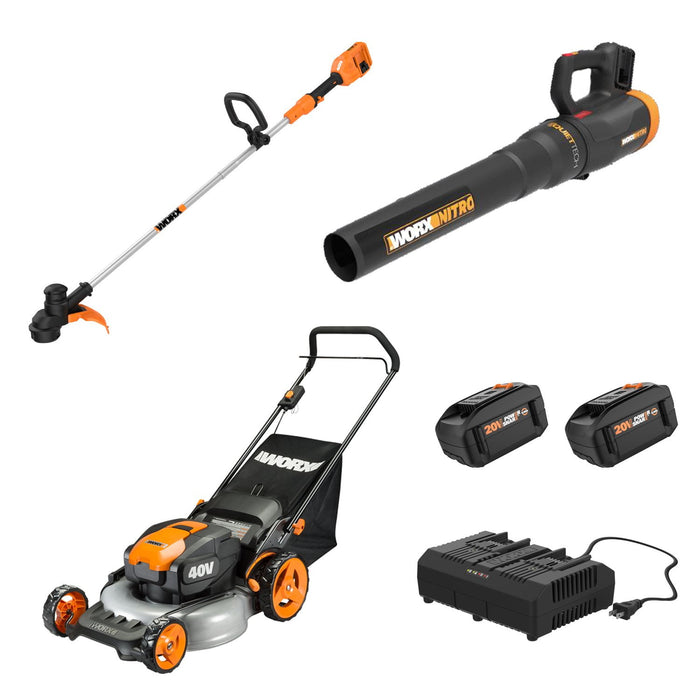 Worx 40v Combo, Includes 20" Push Mower, 13" String Trimmer, Quiet Tech Blower - use_like_new
