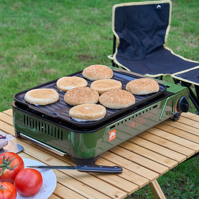 Ozark Trail Outdoor Butane Griddle, 7650 BTU, 15"x12" Cast Aluminum Griddle Fits 4 Burgers, CSA Approved, Green Color - new
