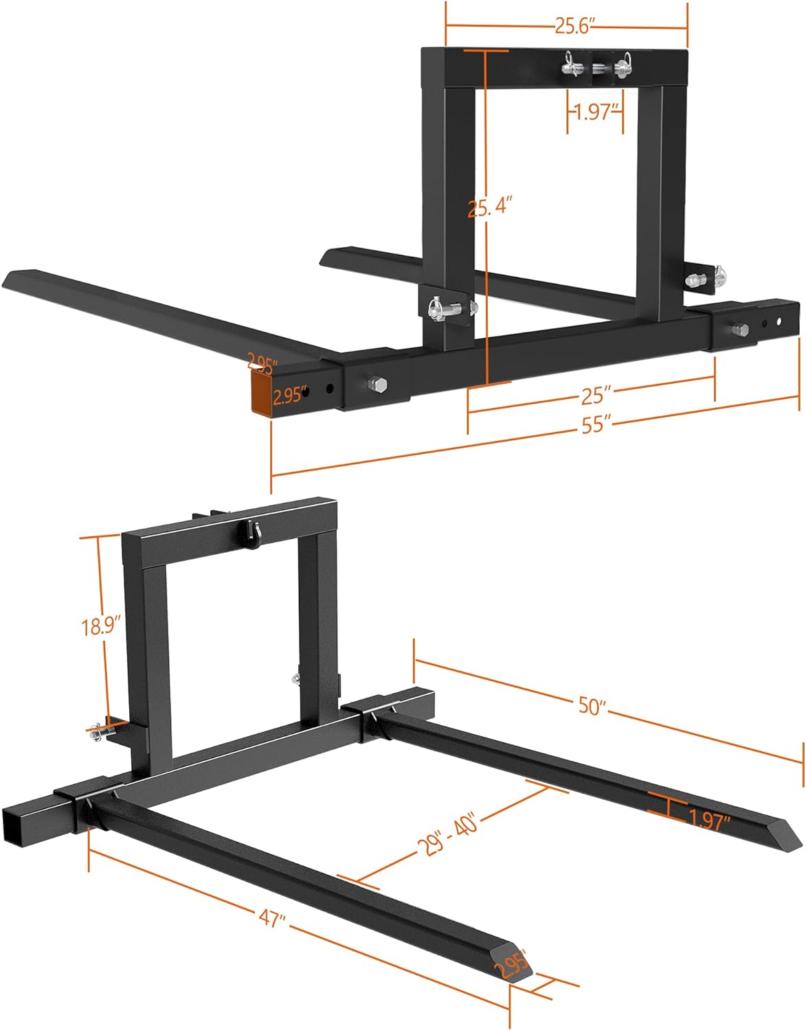 3 Point Hitch Pallet Forks 1500lbs Capacity Attachments, 40” Adjustable Pallet Fork Quick Hitch for Cat 1 Tractor for Logs Fields - used_good