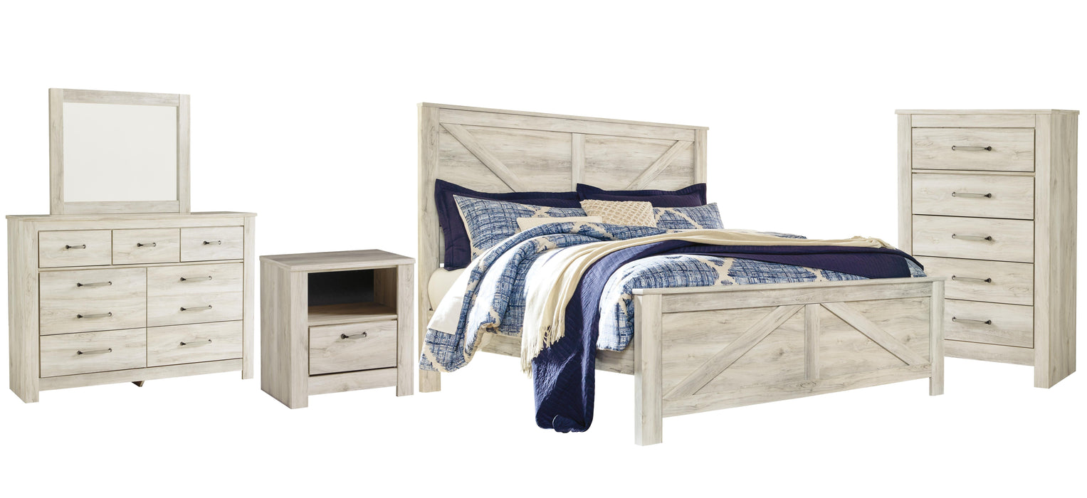 Bellaby Whitewash Bellaby King Crossbuck Panel Bed with Mirrored Dresser, Chest and Nightstand