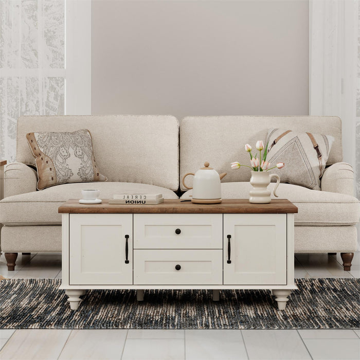 Farmhouse Coffee Table with Storage Cabinet & Drawer, White Center Table for Living Room - new