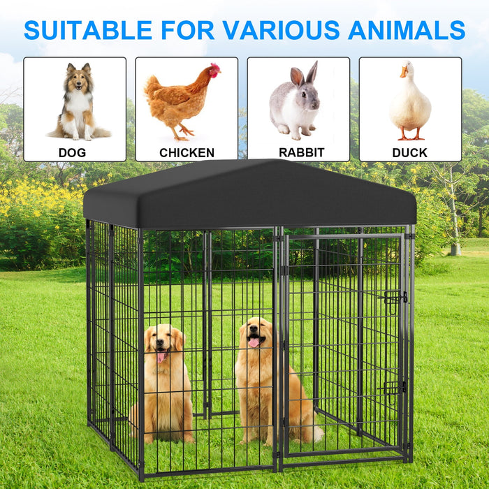 Anyask 4FT(D) x 4FT(W) x 4.5FT(H) Large Outdoor Heavy Duty Metal Dog Kennel Playpen with Sun/Rain Roof Top for Cat Duck Chicken - new