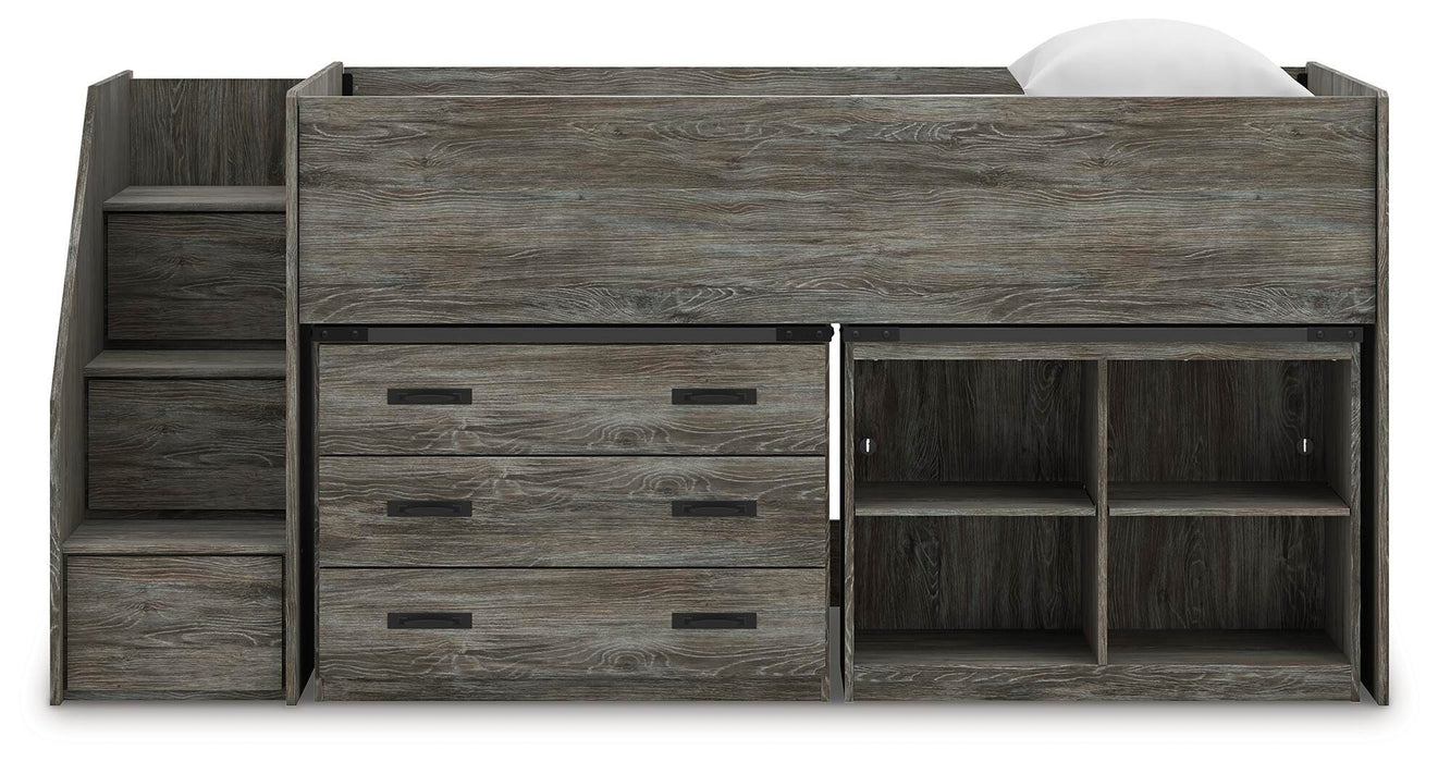 Signature Design Gray Twin Loft Bed with Bookcase and Drawer Storage