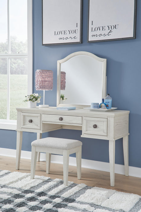 Signature Design Antique White Mirrored Vanity with Bench