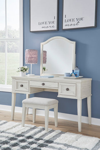 Signature Design Antique White Mirrored Vanity with Bench