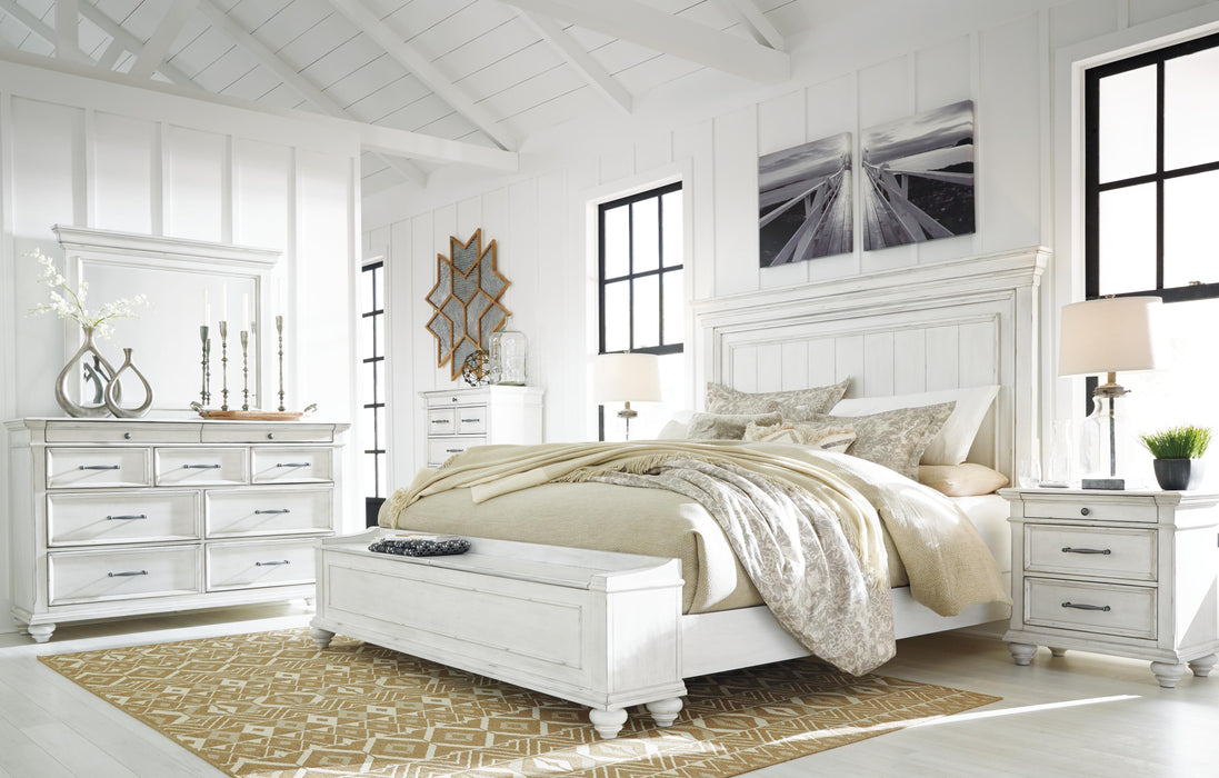 Benchcraft Whitewash California King Panel Bed with Storage Bench