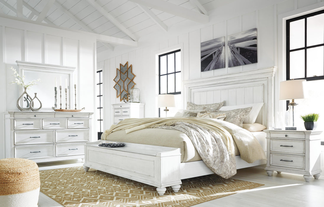 Benchcraft Whitewash California King Panel Bed with Storage Bench