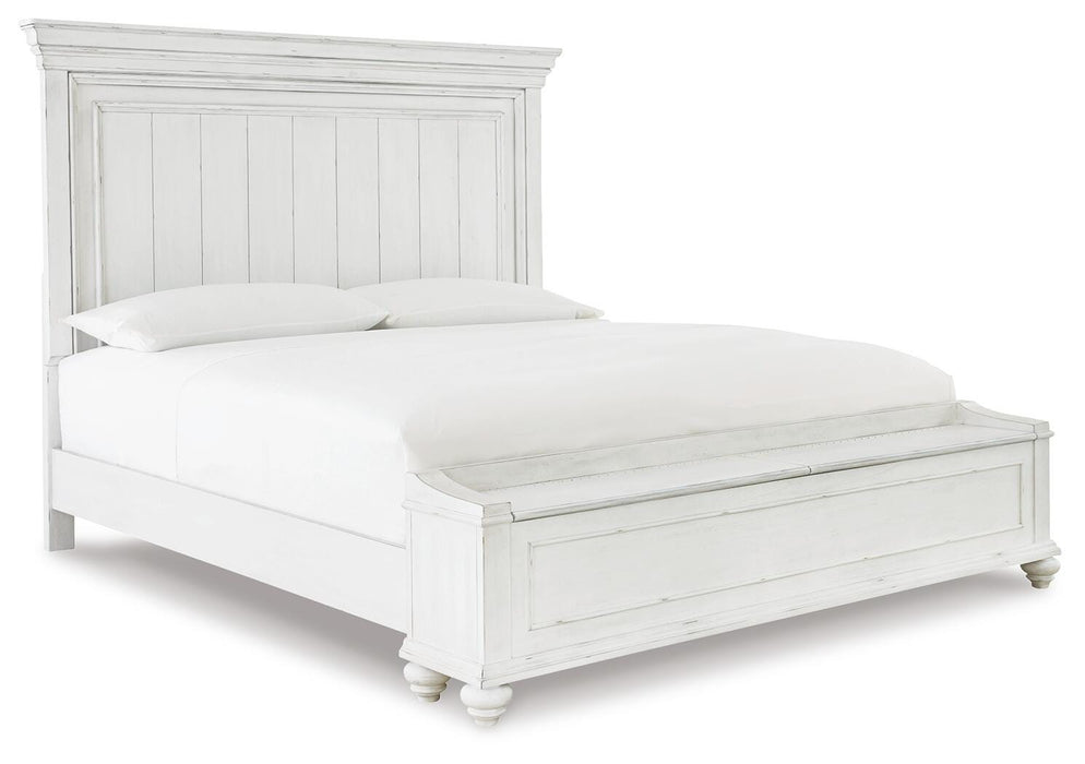Benchcraft Whitewash California King Panel Bed with Storage Bench