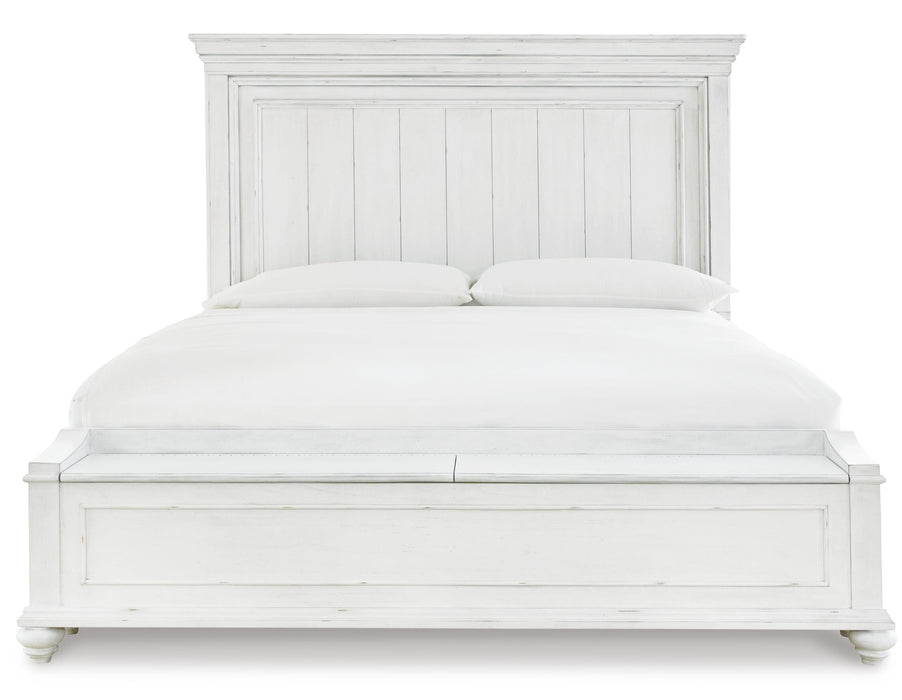 Benchcraft Whitewash California King Panel Bed with Storage Bench