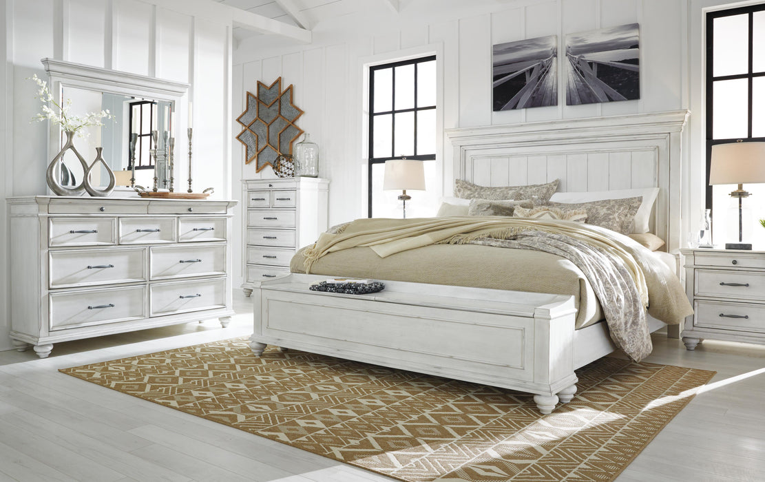 Benchcraft Whitewash California King Panel Bed with Storage Bench