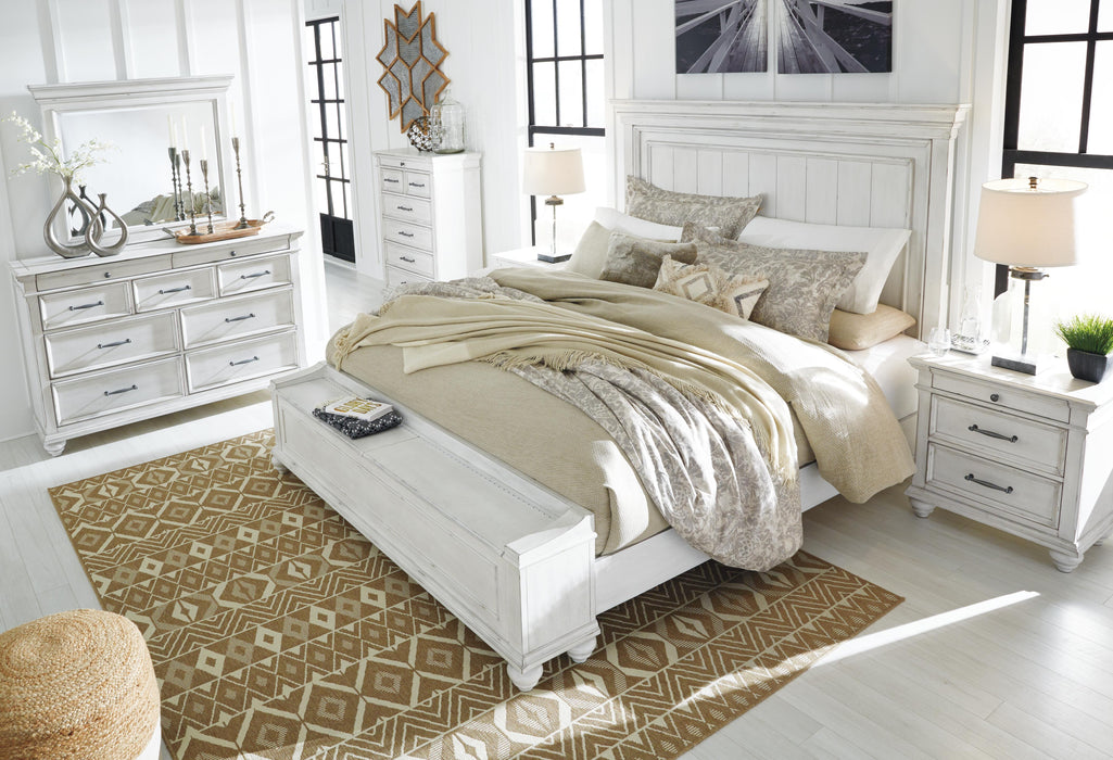 Benchcraft Whitewash California King Panel Bed with Storage Bench