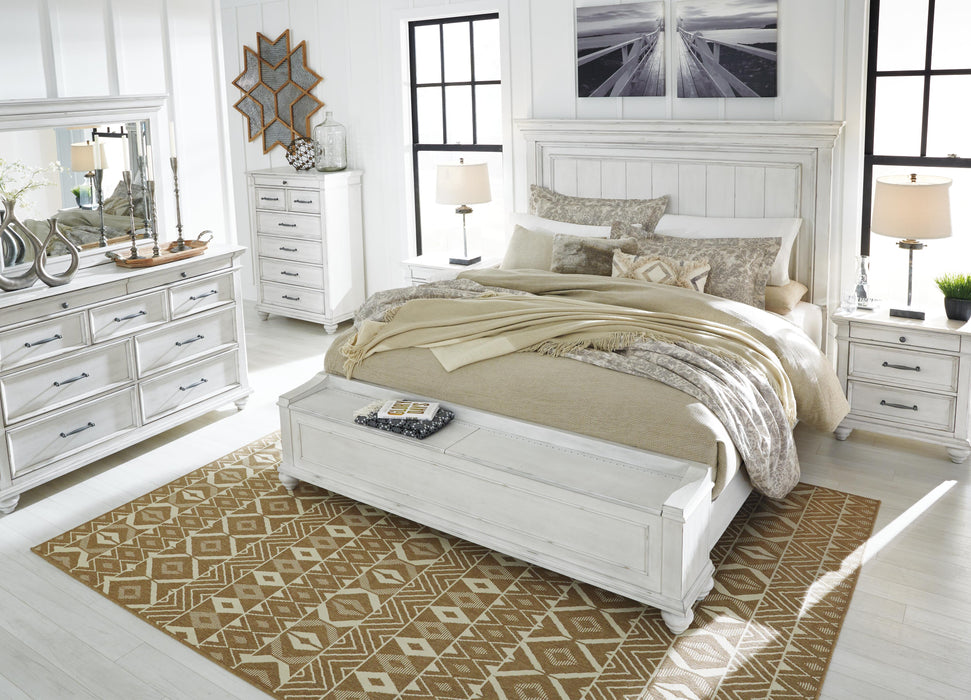 Benchcraft Whitewash California King Panel Bed with Storage Bench