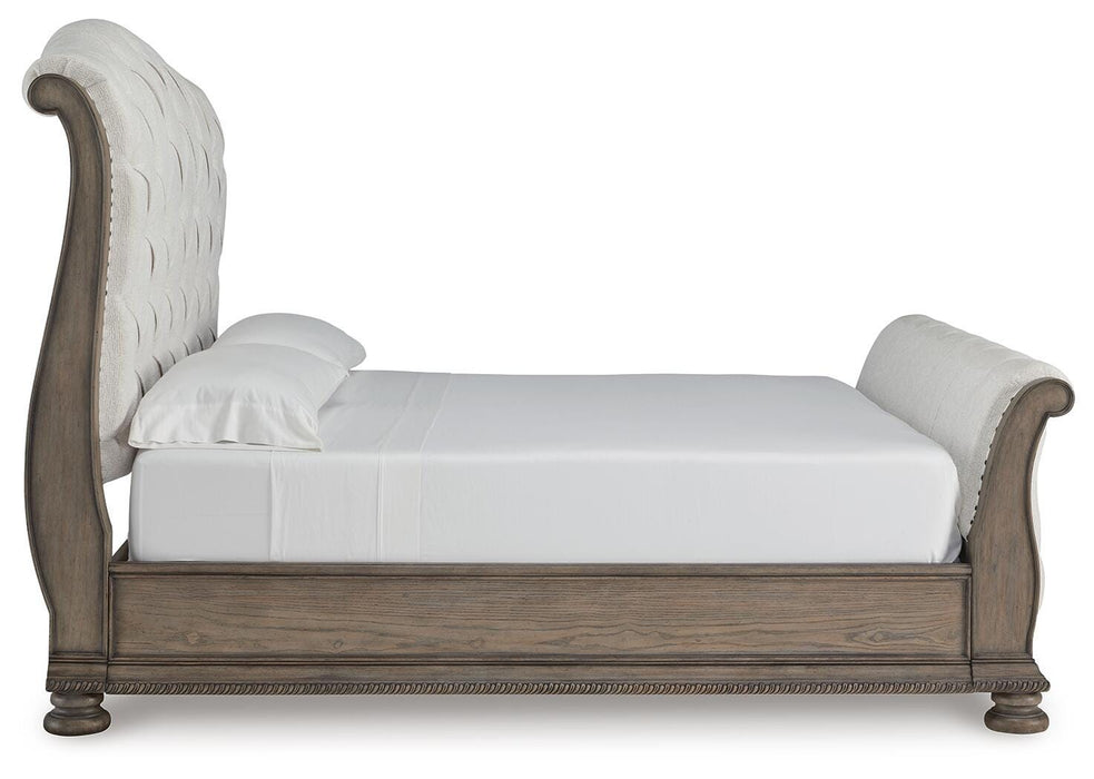 Signature Design Light Brown King Upholstered Sleigh Bed
