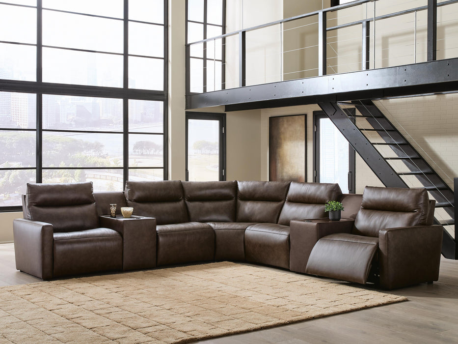 Benchcraft Chocolate 7-Piece Power Reclining Sectional with Audio Consoles