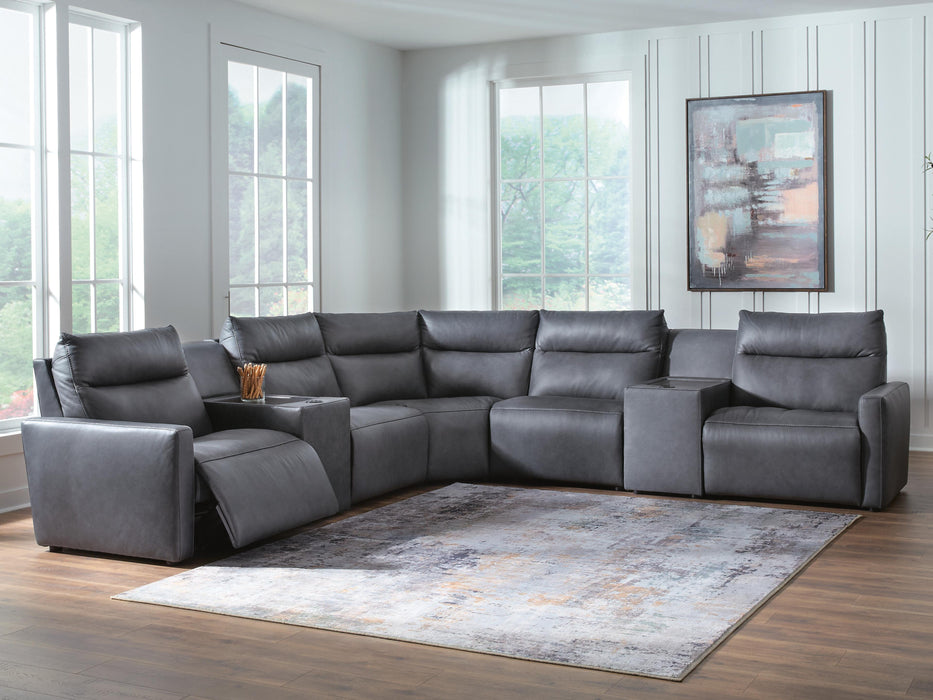 Benchcraft Blue 7-Piece Power Reclining Sectional with Audio Consoles
