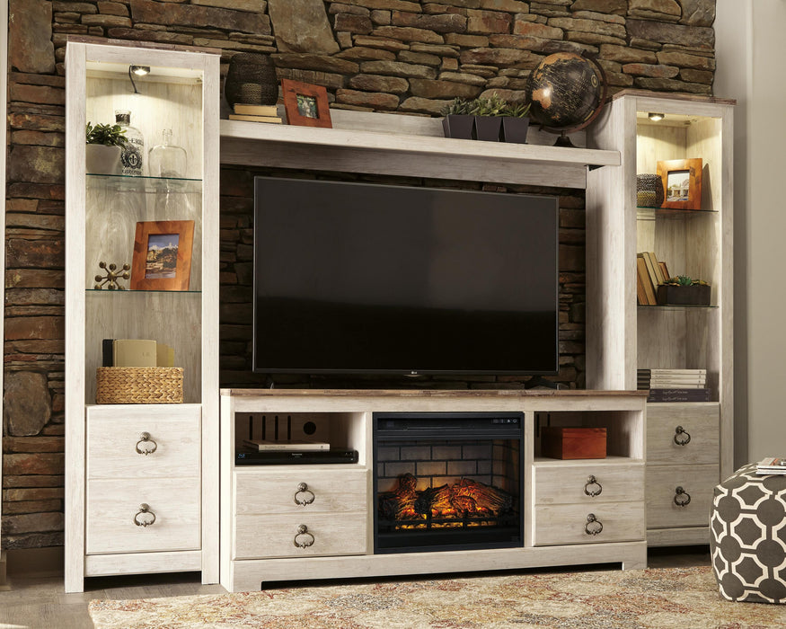 Signature Design Whitewash 4-Piece Entertainment Center with Electric Fireplace