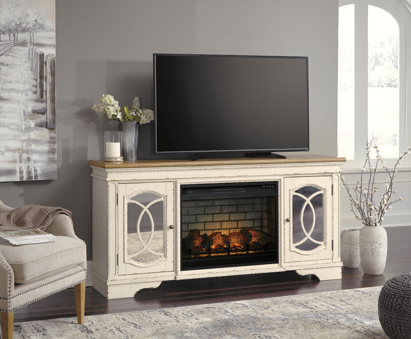 Signature Design Chipped White 74" TV Stand with Electric Fireplace