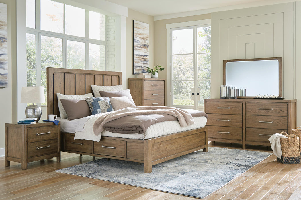 Cabalynn Light Brown Cabalynn King Panel Bed with Storage with Mirrored Dresser, Chest and Nightstand - Brand New