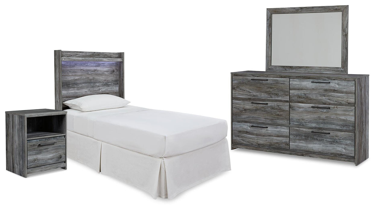 Baystorm Gray Baystorm Twin Panel Headboard with Mirrored Dresser and Nightstand