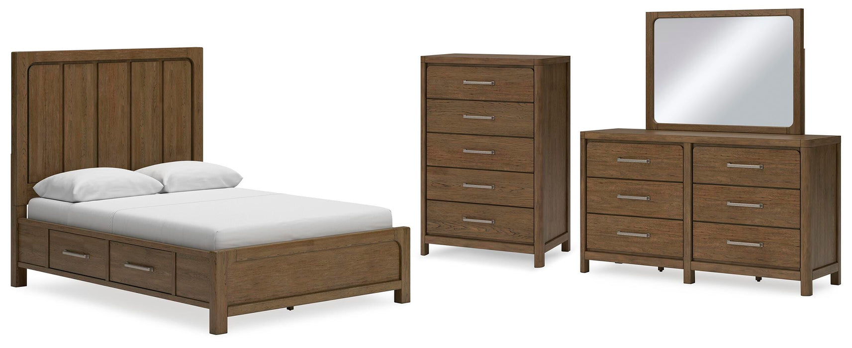 Cabalynn Light Brown Cabalynn Queen Panel Bed with Storage with Mirrored Dresser and Chest - Brand New