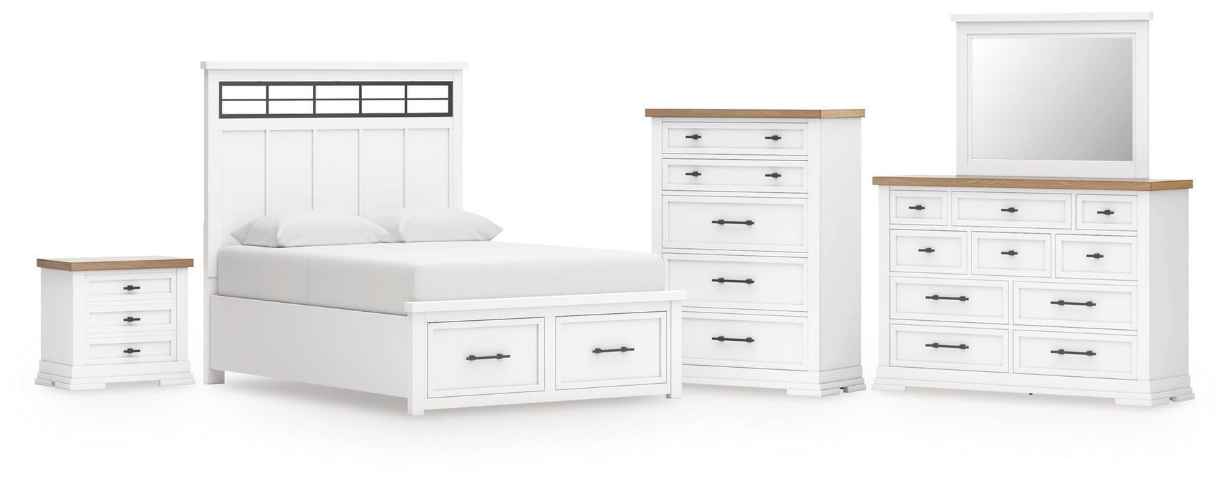 Ashbryn White/Natural Ashbryn King Panel Storage Bed, Dresser, Mirror, Chest and Nightstand