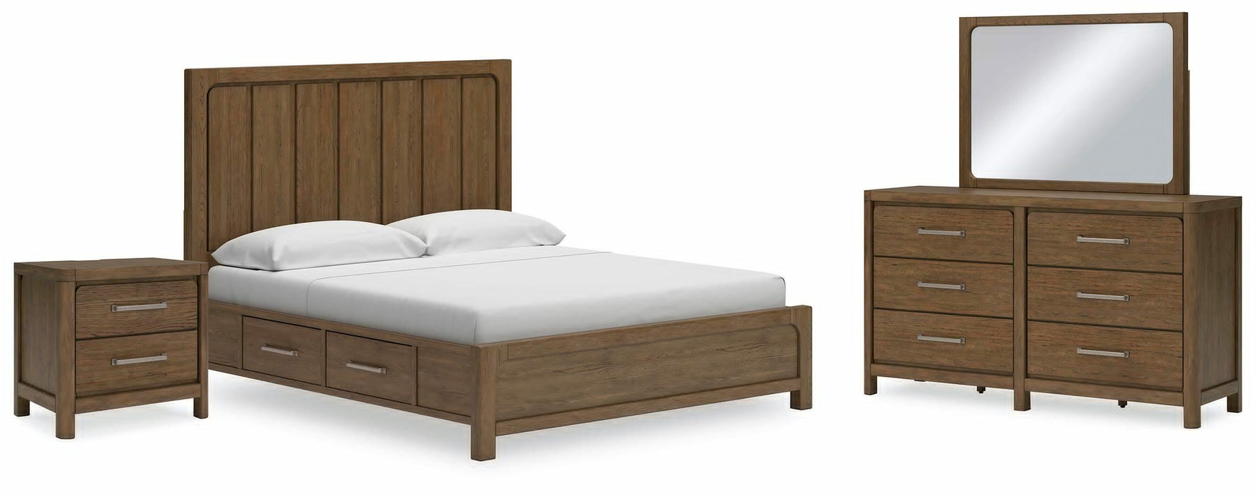 Cabalynn Light Brown Cabalynn California King Panel Bed with Storage with Mirrored Dresser and Nightstand