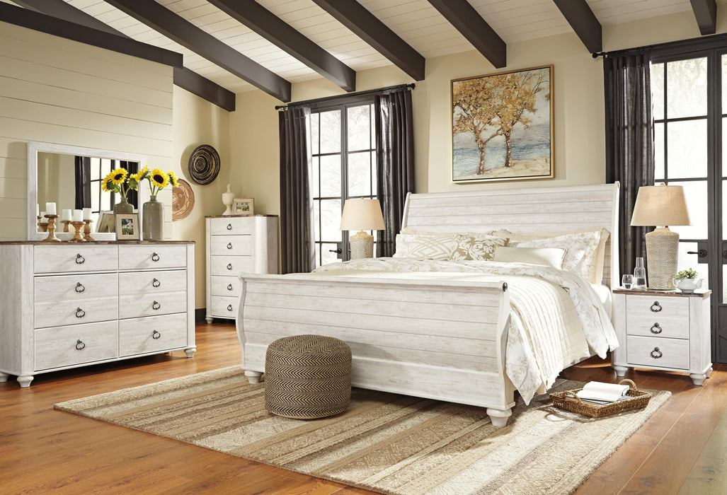 Willowton Whitewash Willowton King Sleigh Bed with Mirrored Dresser, Chest and Nightstand - Brand New