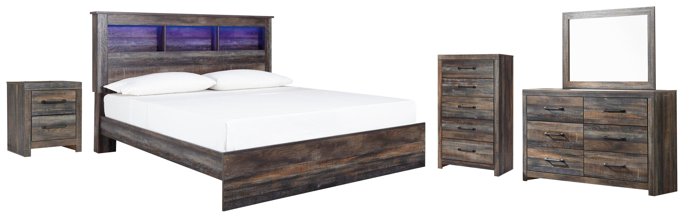 Drystan Multi Drystan King Panel Bookcase Bed with Mirrored Dresser, Chest and Nightstand