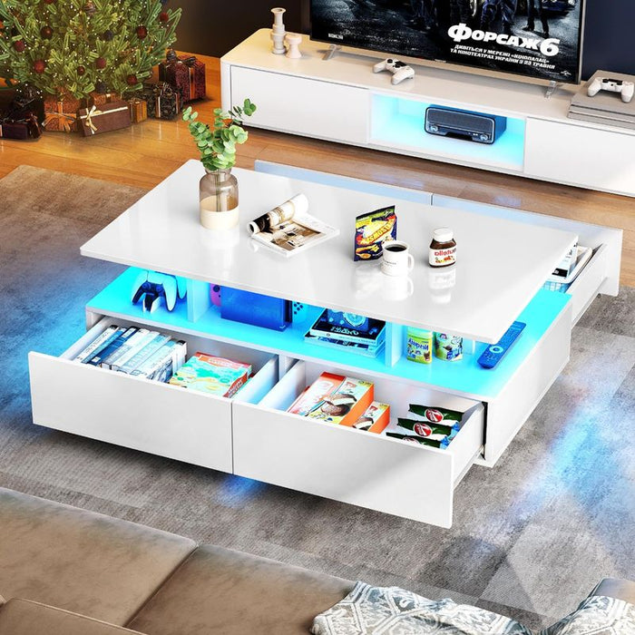 35.4" Modern High Glossy Rectangular Coffee Table with LED Light and Drawers - new